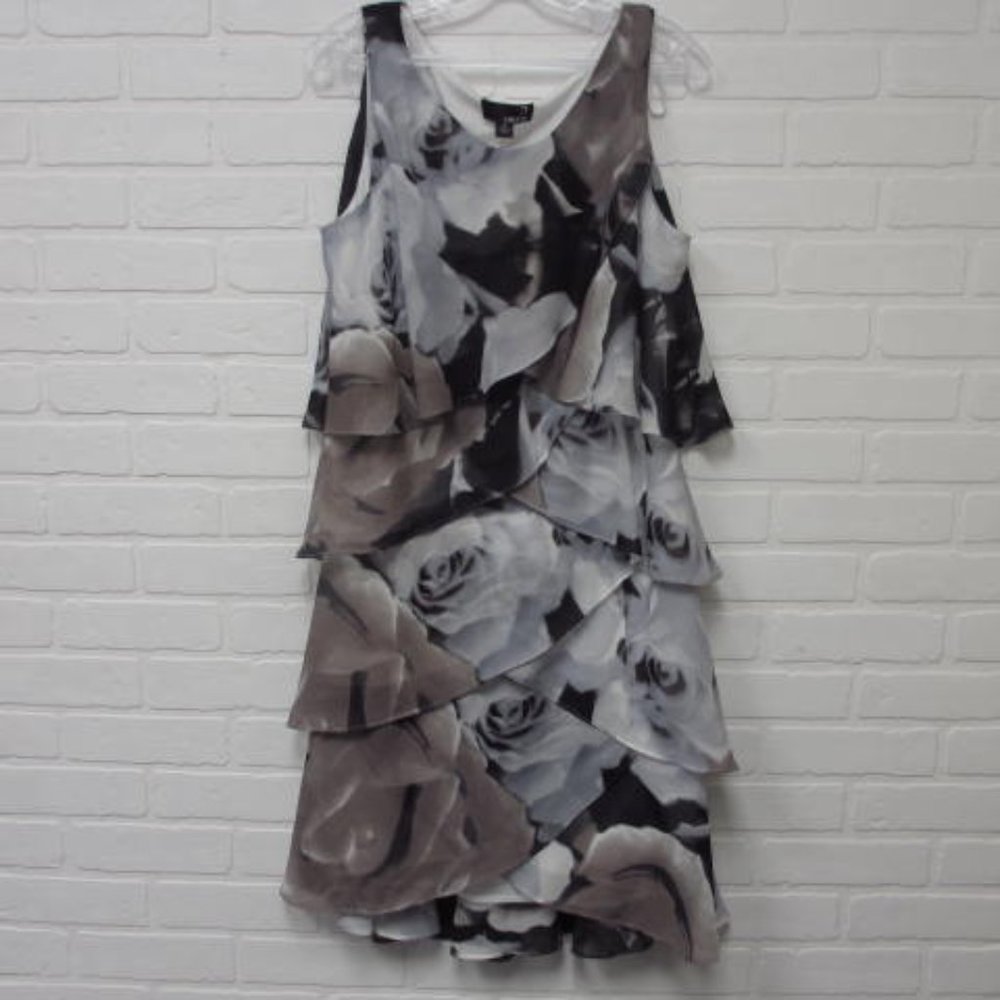 Laura Grey and Black Tiered Ruffle Chiffon Sleeveless Roses Midi Dress